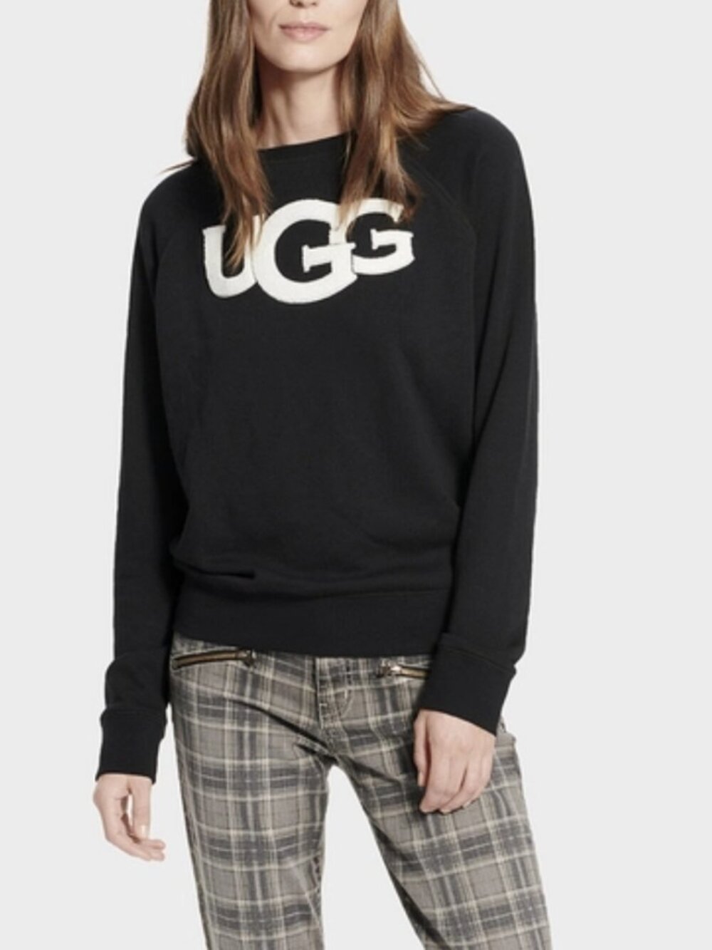 UGG Womens Fuzzy Logo Crewneck Sweatshirt Black Raglan Athleisure Comfy Size S